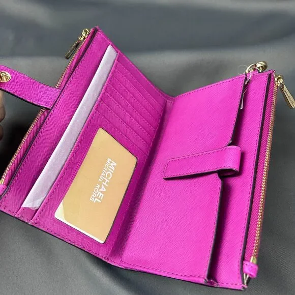 Michael Kors Pink Fuschia Leather Jet Set Travel Double Zip Wristlet Wallet - Picture 2 of 16